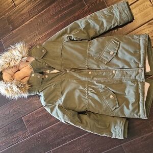 Abercrombie Kids Olive Green Puffer Coat with Faux Fur Hood
